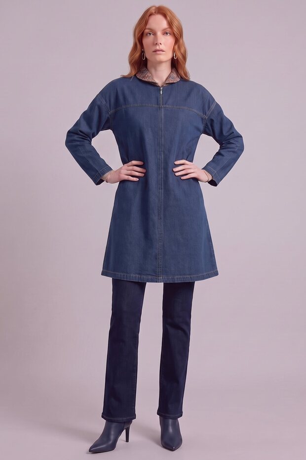 Navy Denim Tunic with Collar Detail