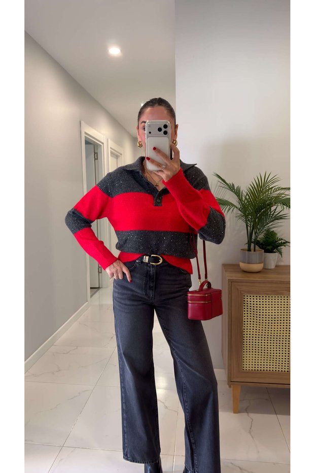 Volin Anthracite Red-Speckled Polo Collar Sweater