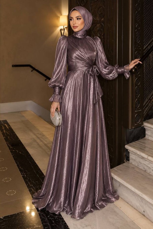 Draped, Tie-Detail Dark Lilac Modest Evening Gown 5668KLILA