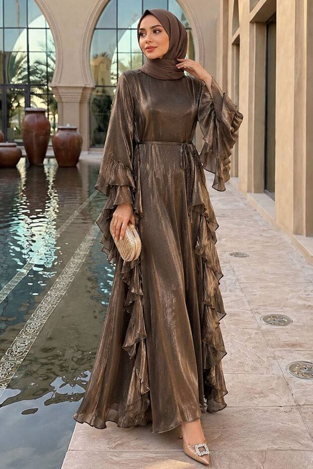 Dark Taupe Color Modest Evening Gown with Ruffle Detail and Belt Detail, 5740KV