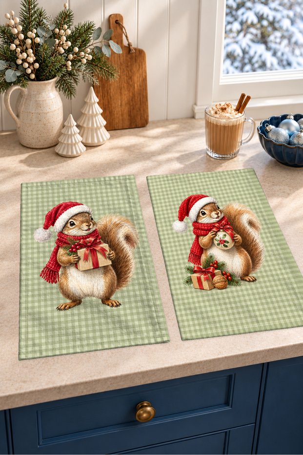 Holly Squirrel Squirrel and Package Light Green Patterned Decorative 2-Piece Kitchen Towel Set, 35x55 cm