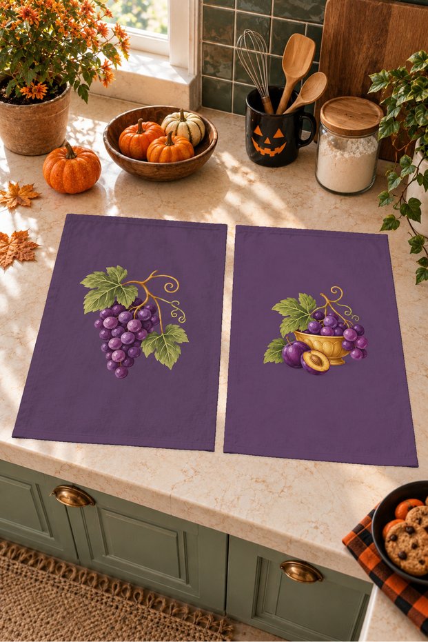 Grape Garden Grape and Leaf Patterned Fall Decorative 2-Piece Kitchen Towel Set, 35x55 cm