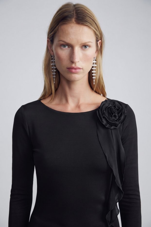 Women's Boat Neck 3D Flower Appliqué Detail Slim Fit Long-Sleeve Blouse & T-Shirt, Black