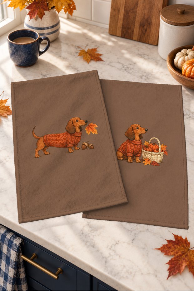Autumn Dachshund Sausage Dog Brown Pattern Digitally Printed 2-Piece Kitchen Towel Set, 35x55 cm