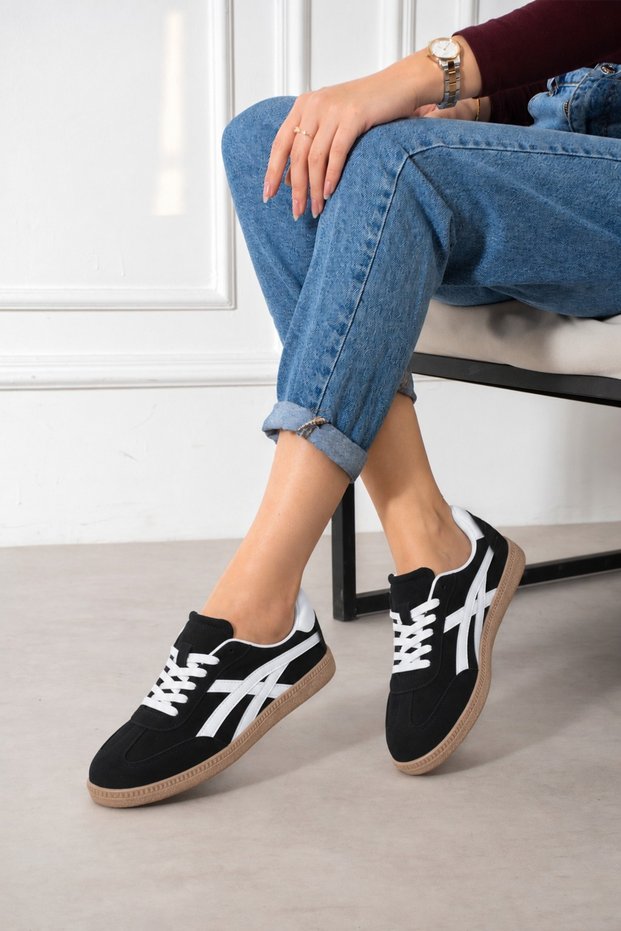 Black Women's Lace-Up Suede-Look Casual Sneakers with Tan Soles