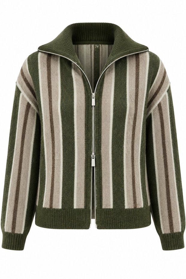 Khaki - Dark Beige Striped Cardigan - TH261048