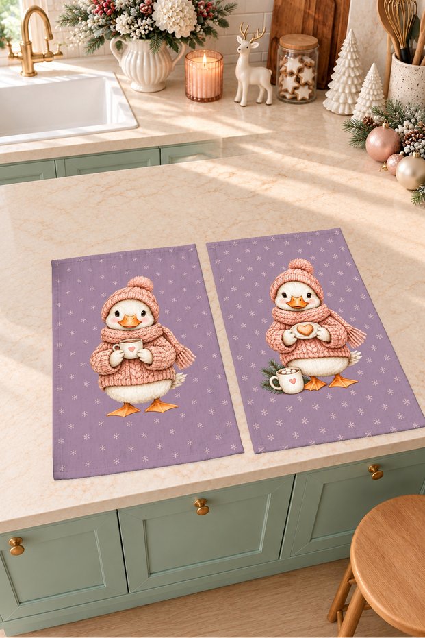 Snowy Duck Duck and Beanie Lilac-Patterned New Year's Digitally Printed 2-Piece Kitchen Towel Set, 35x55 cm
