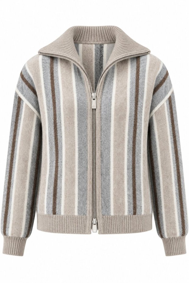 Dark Beige - Charcoal Grey Striped Cardigan - TH261048