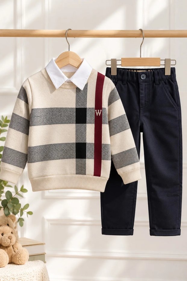 Boys' Plaid Knit Sweater and Shirt 3-Piece Stylish Top and Bottom Set (Ages 2–5)