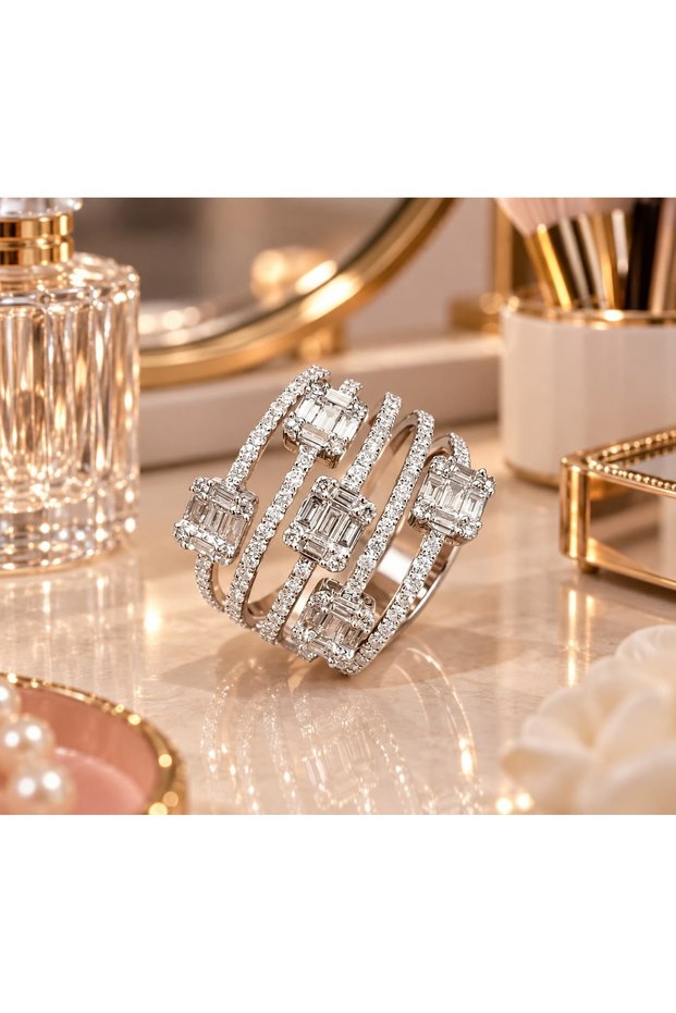 Women's Baguette-Set Steel Ring in Silver Tone