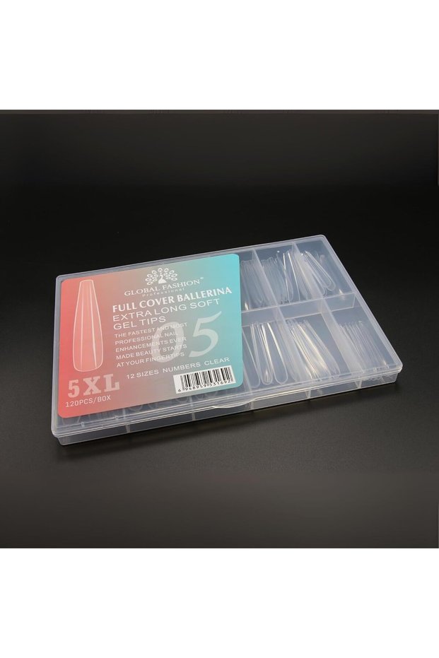 Global Fashion - Extra Long Crystal Clear Nail Extension Tips, 12 Sizes, 120 Pcs Box, Builder Gel and Poly Gel, Fit for Salon and DIY Manicure (Full Cover Ballerina, Clear)