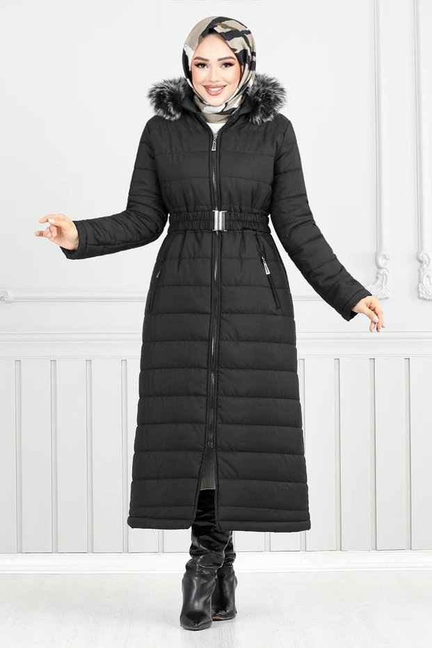 Modest Long Coat with Fur-Trimmed Hood, Belt, Zippered Pockets, and Zipper—Winter Quilted Jacket