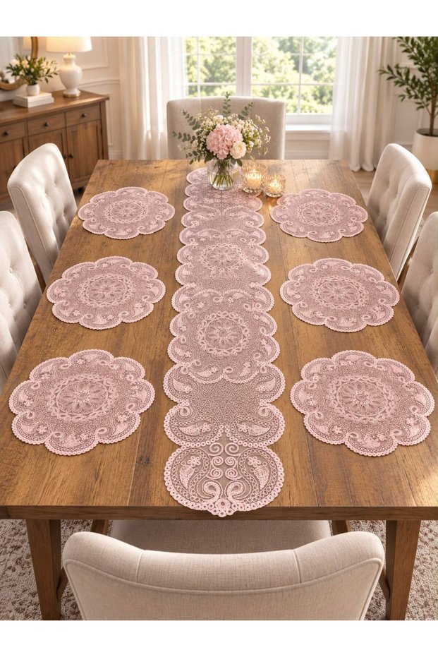7-Piece Shawl Table Runner Set / 6 Placemats, 1 Table Runner in Powder