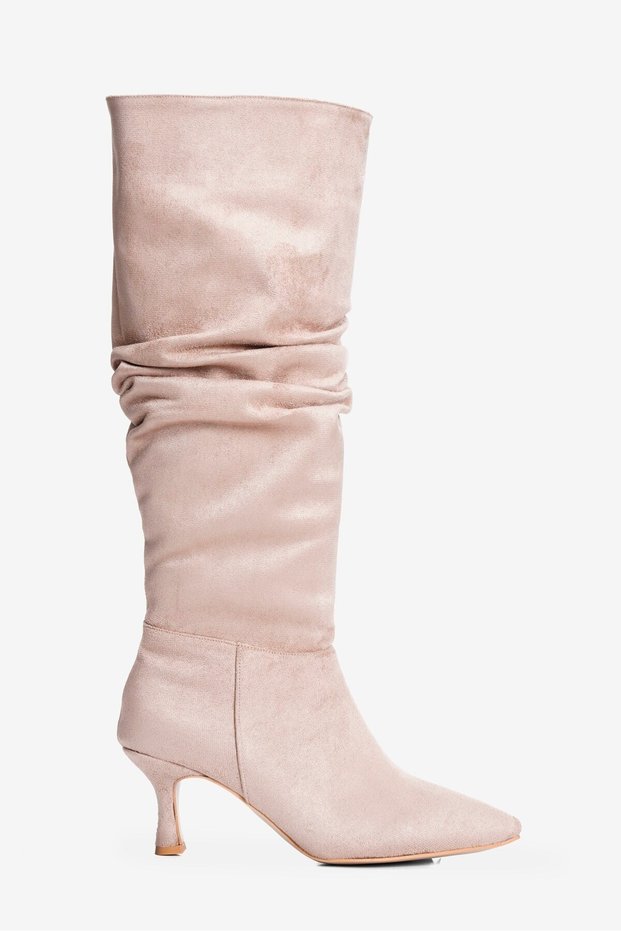 Women's Suede Boots with Ruched Detail, Pointed Toe, Short, Stiletto Heel, and Zipper Closure—Ziska Taupe Color