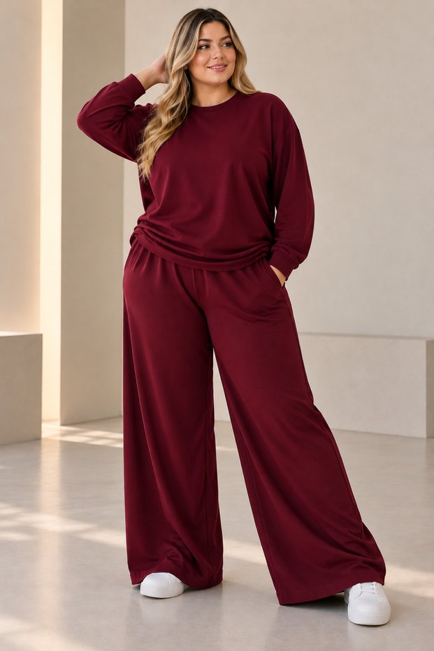 Women's Plus Size Oversized 2-Piece Sweatsuit Set—Solid Color, Basic, Relaxed Fit, Casual Everyday Sportswear, Wide-Leg Pants