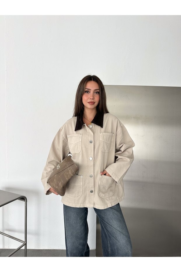 Women's Velvet-Collar Gabardine Relaxed-Fit Four-Pocket Jacket