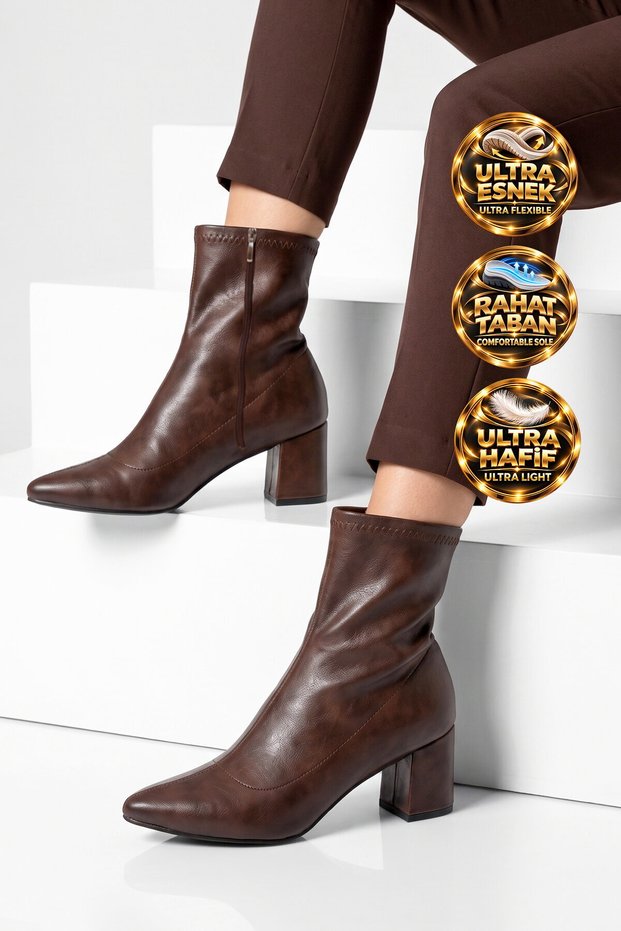 Coffee-Colored, Fleece-Lined, Cold-Resistant, Zip-Up Boots, Stylish Women's Stretch Heeled Boots 291245