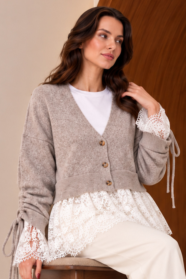 Lace V-Neck Knit Cardigan N8448 taupe color