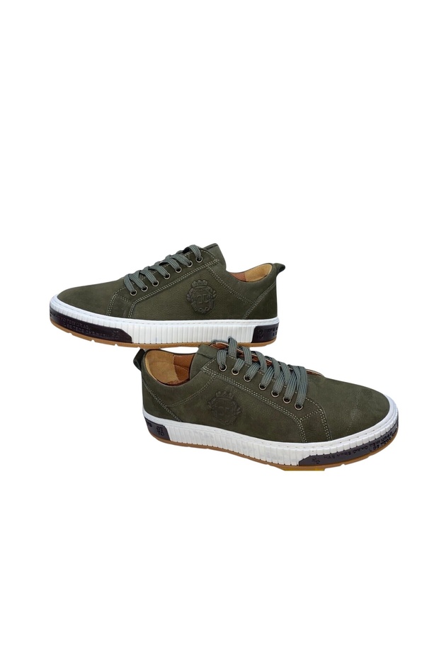 MEN'S LACE-UP LEATHER NUBUCK KHAKI CASUAL SHOE WITH LEATHER LINING AND STITCHED RUBBER SOLE