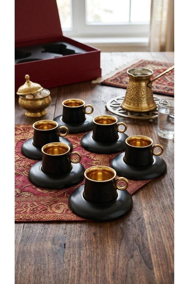 Set of 6 Turkish Coffee Cups, Matte Black with Gold Trim