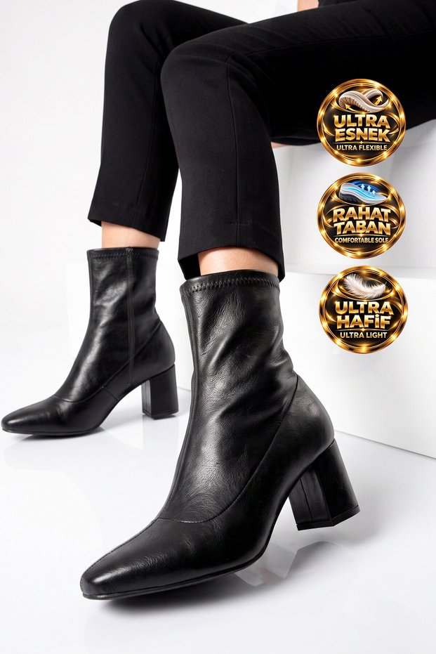 Black Women's Stylish Stretch Heeled Zip-Up Boots with Fleece-Lined Construction, Cold-Resistant, and Zipper Closure 291245