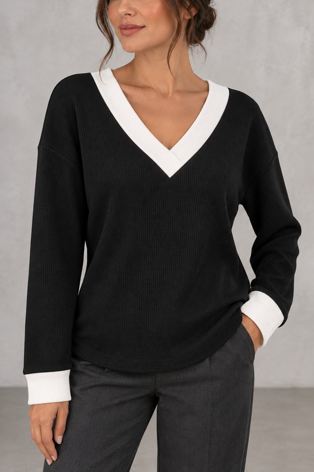 Women's V-Neck White-Paneled Long-Sleeved Waffle-Textured Triko-Style Chic Casual and Sporty Blouse