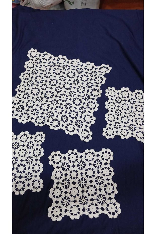32 x 32, 1 piece; 18 x 18, 3 pieces; crocheted from Cotton yarn, lightweight, with some stains