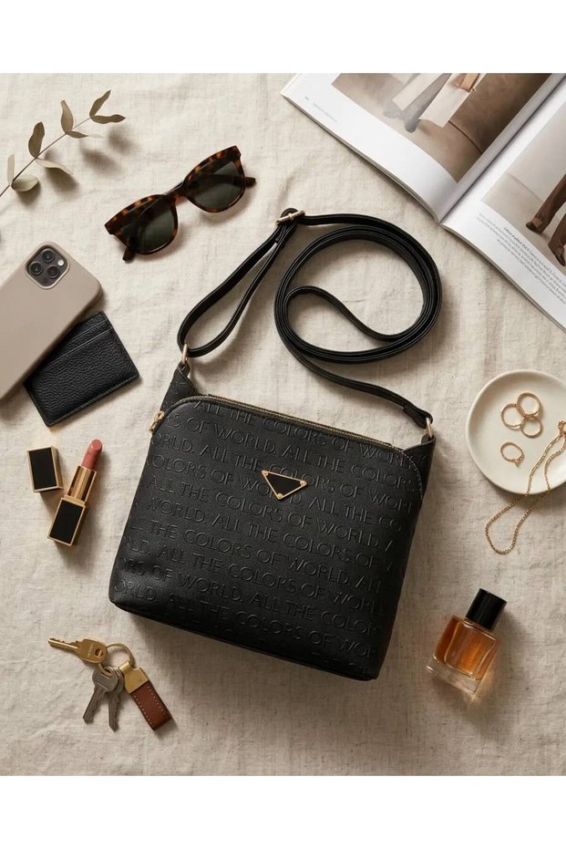 Women's Black Adjustable Crisscross Strap Crossbody Bag with Patterned 3-Compartment Design—Modern and Stylish