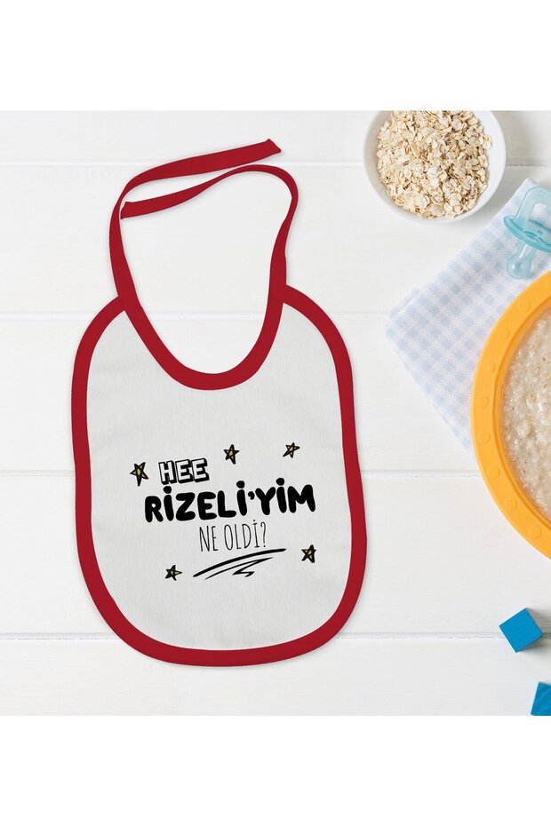 BK Kids "I'm from Rize—What Happened?" Red Baby Bib with Design - 1