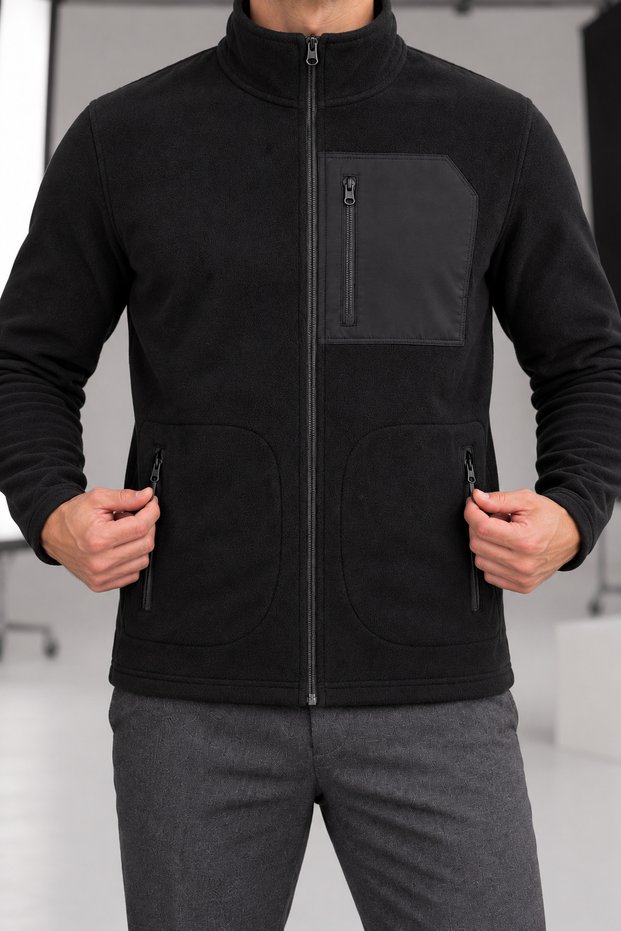 Men's Black Fleece-Lined Jacket with 3 Pockets and Full-Length Zipper