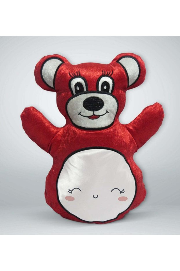 Red Teddy Bear Pillow with a Cute Face Design - 1