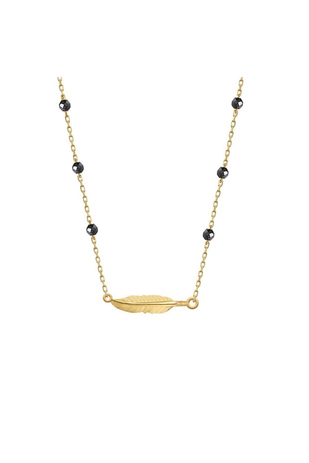 , Feather Necklace, 6 Black Onyx Stones, Length 37cm, Elegant Design