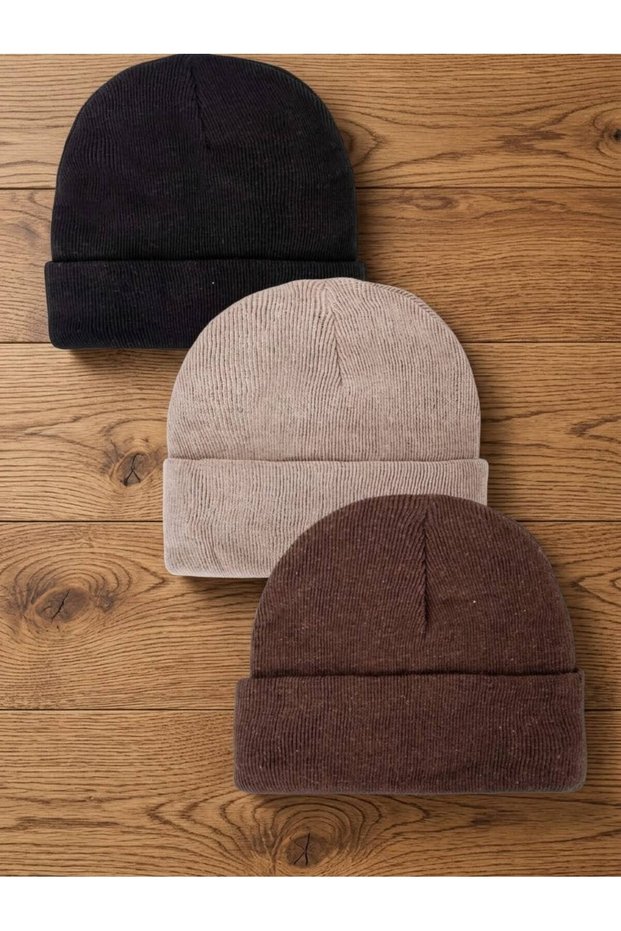 Set of three men's beanies: black, beige, and brown