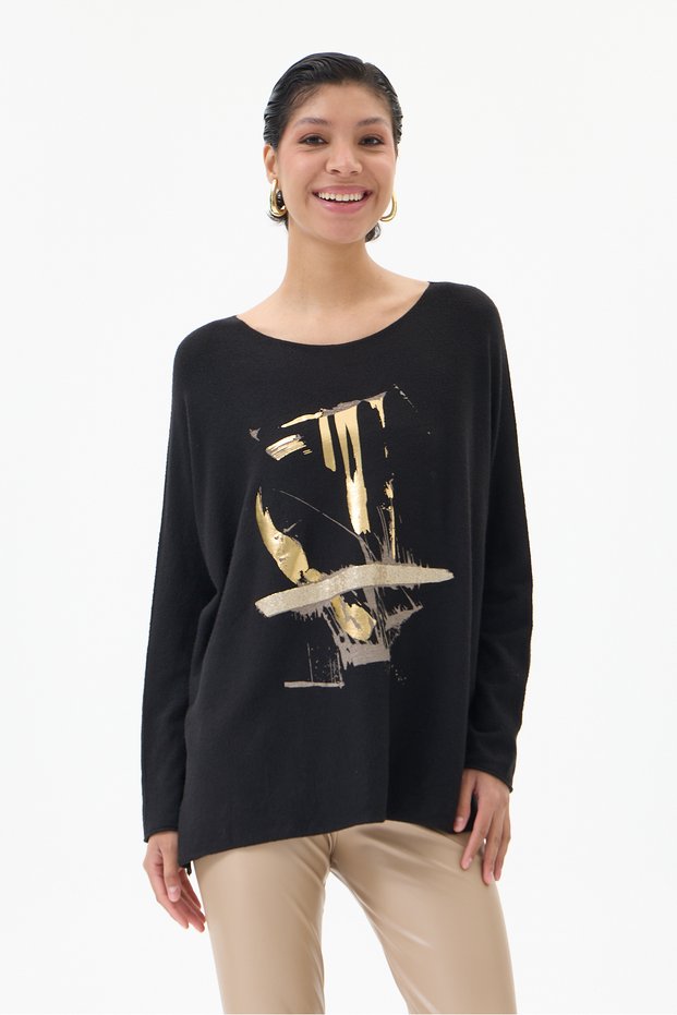 Women's Black Italian-Gilded Soft-Textured Oversized Knit Sweater, Sizes 40–46
