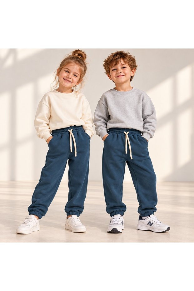 Kids' Girls' and Boys' School and Everyday Wear Unisex Jogger Pants, Petrol Blue Sweatpants, Elasticated Hem, Pockets, Drawstring, Ages 3–10