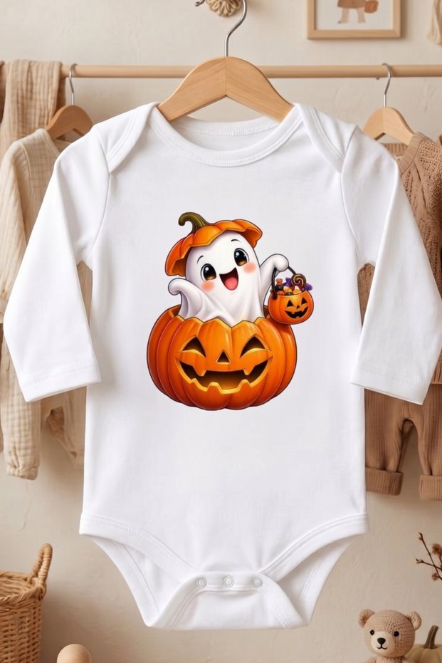 Baby Halloween-Themed Bodysuit, 100% Cotton, Pumpkin Print, Photo Shoot Costume Bodysuit