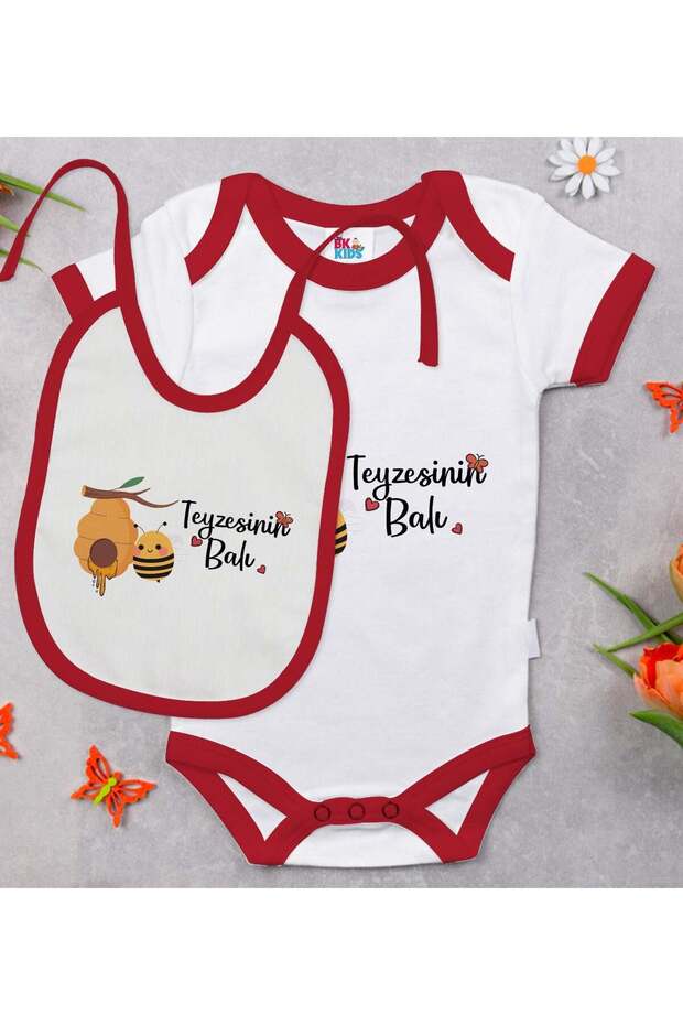 BK Kids "Auntie's Honey" Design Red Baby Bodysuit and Bib Gift Set-1