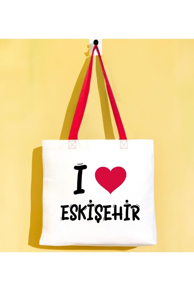 I Love Eskişehir Red Colorful Handle Gabardine Cloth Bag 40X35Cm, Printed Shoulder Bag, Alışv