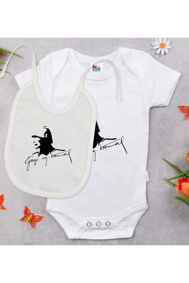 BK Kids Atatürk-Themed White Baby Bodysuit and Bib Gift Set-27, 3–6 Months