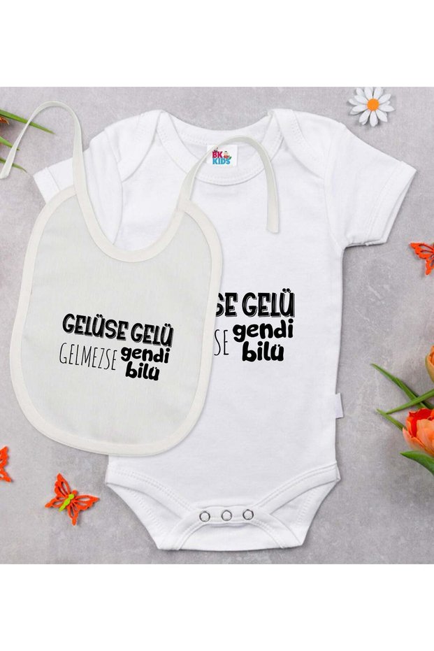 BK Kids "Gelüse Gelü" Design White Baby Bodysuit and Bib Gift Set-1, 0-3 Months, 478974b0