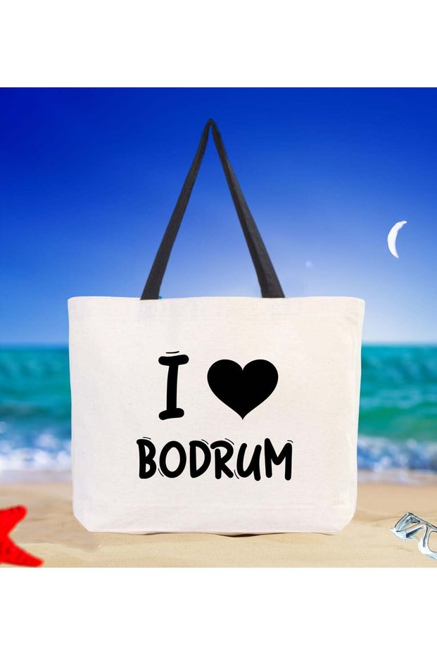 I Love Bodrum Black Canvas Beach Bag with Handles, 48x40m, Printed Shoulder Bag, Shopping