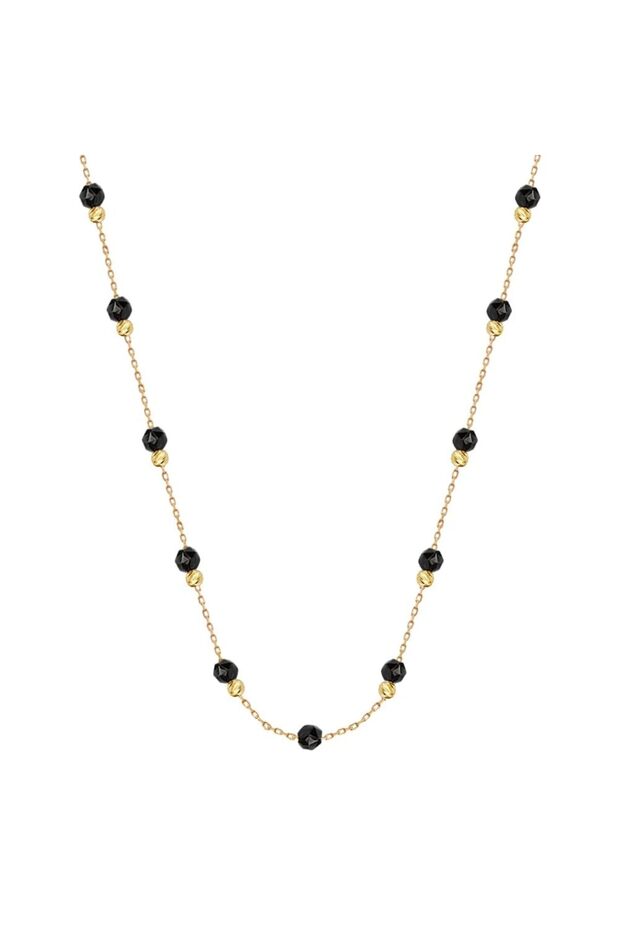 18Kt Gold Long Necklace with Black Onyx Stones N1YK64_66cm