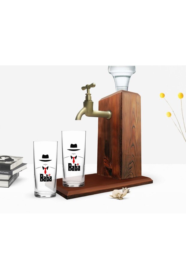BK Home Colorful Printed "The Godfather" Design Pair of Raki Glasses and Wooden Raki Stand Gift Set