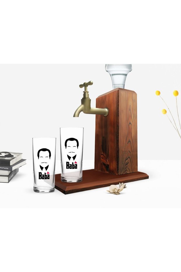 BK Home Colorful Printed "The Godfather" Design Pair of Raki Glasses and Wooden Raki Stand Gift Set—