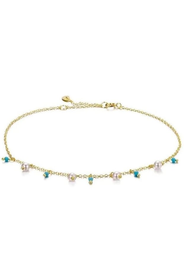 , Anklet, 18KT Yellow Gold Pearl and Turquoise, Model Pearl-TQ, Adjustable 22–26cm, Elegant Modern Design