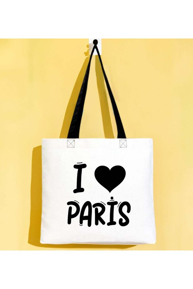I Love Paris Black Gabardine Fabric Bag with Handles, 40x35 cm, Printed Shoulder Bag, Shopping Bag