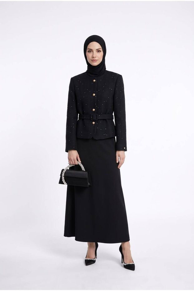 Trendy Full-Length Sleeveless Dress with Tweed Jacket, Cotton Slim Fit Belted Two-Piece Set