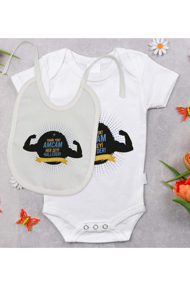 BK Kids "My Uncle Takes Care of Everything" Designed Baby Bodysuit and Bib Gift Set - Model 1 6 -