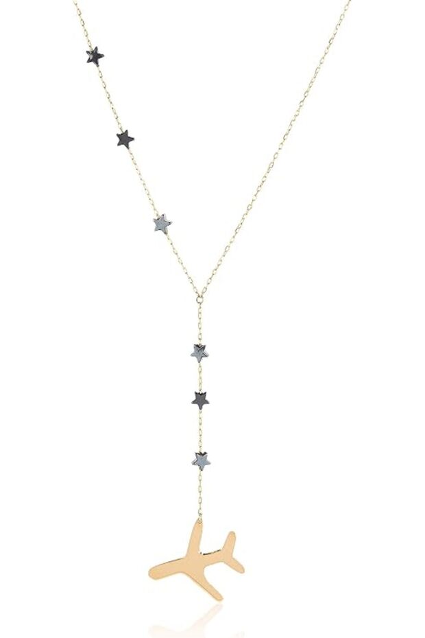 , Travel-Inspired Necklace, 7 Black Star Stones, Shiny Glossy Finish, Elegant and Unique Design