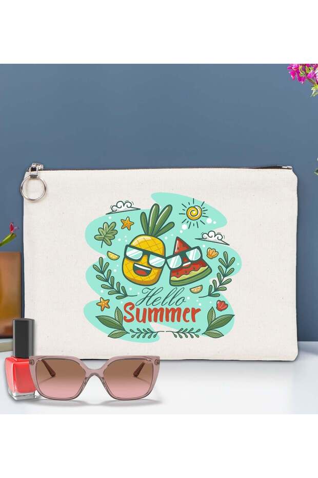 Summer-Themed Lined Clutch Bag, 30x21 cm, Printed Clutch Bag, Organizer Bag